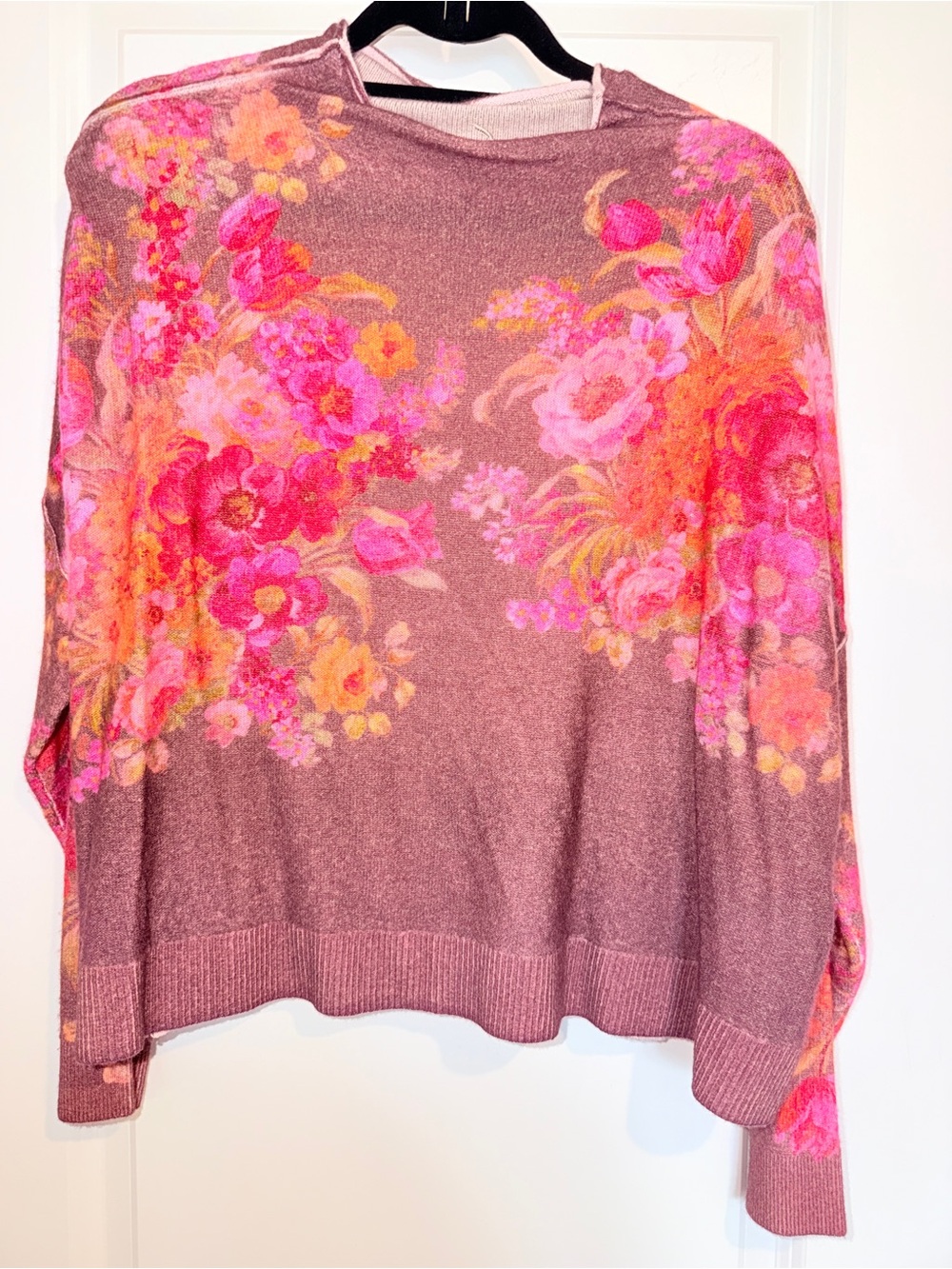 Pilcro Floral Print Brown & Pink Cashmere Crewneck Sweater - Picture 2 of 6